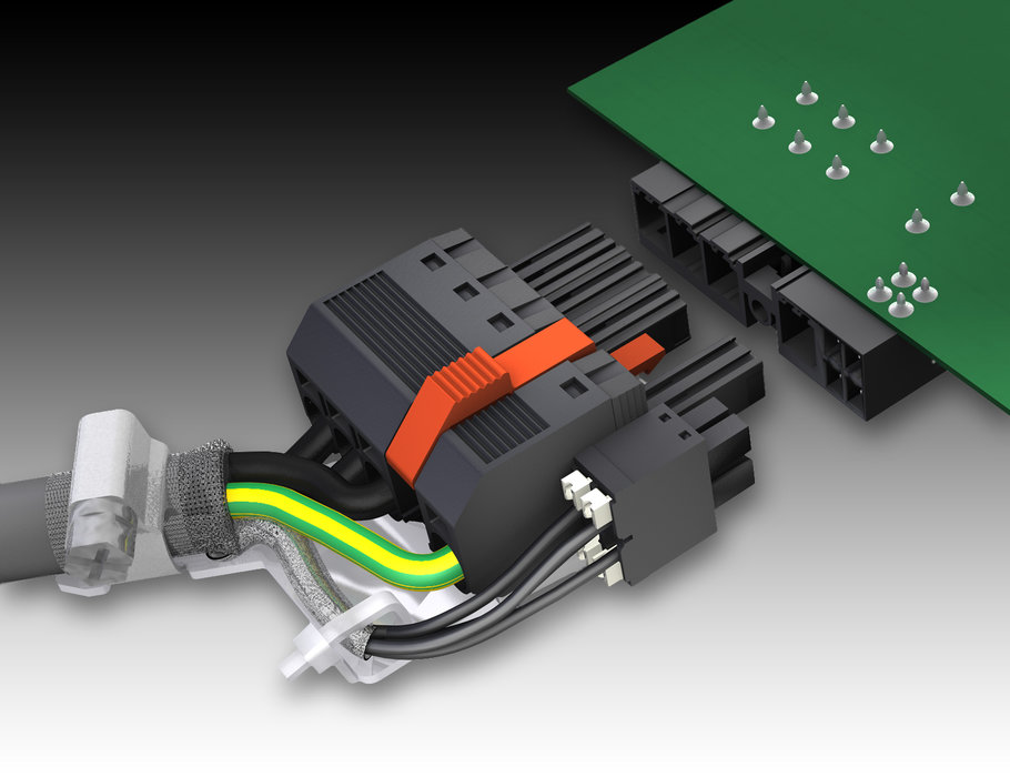 Conectores OMNIMATE POWER HYBRID SV/BVF 7.62 de Weidmüller para placas de circuito impreso. – En una sola operación, el conector macho conecta las líneas de energía y de señal así como el blindaje en malla de los cables híbridos